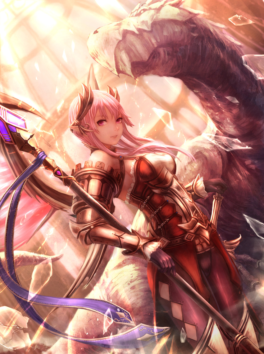 absurdres armor bad_id bad_pixiv_id banned_artist dragoon highres holding holding_weapon long_hair looking_at_viewer monster original pink_hair pointy_ears red_eyes solo sword weapon yazuwo