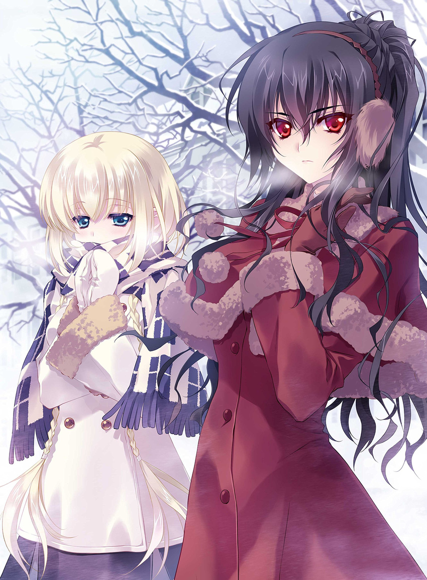 absurdres bare_tree beatrix_bremer bernhard_im_schatten black_hair braid coat gloves highres irisdina_bernhard long_hair looking_at_viewer mimizuku_auru mittens multiple_girls red_eyes red_gloves scarf scarf_over_mouth schwarzesmarken silver_hair snow tree twin_braids white_gloves winter_clothes younger