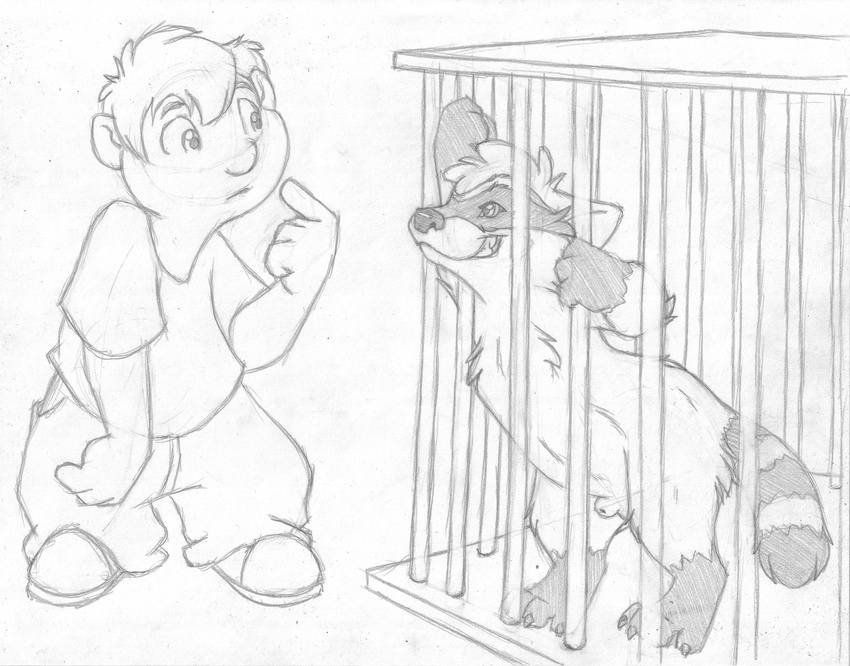 animal_genitalia cage child digitigrade duo eye_contact finger_to_mouth greyscale grin human it's_a_trap male mammal mizzyam monochrome nude pencil_(artwork) raccoon semi-anthro sheath traditional_media_(artwork) vice_(mizzyam) young