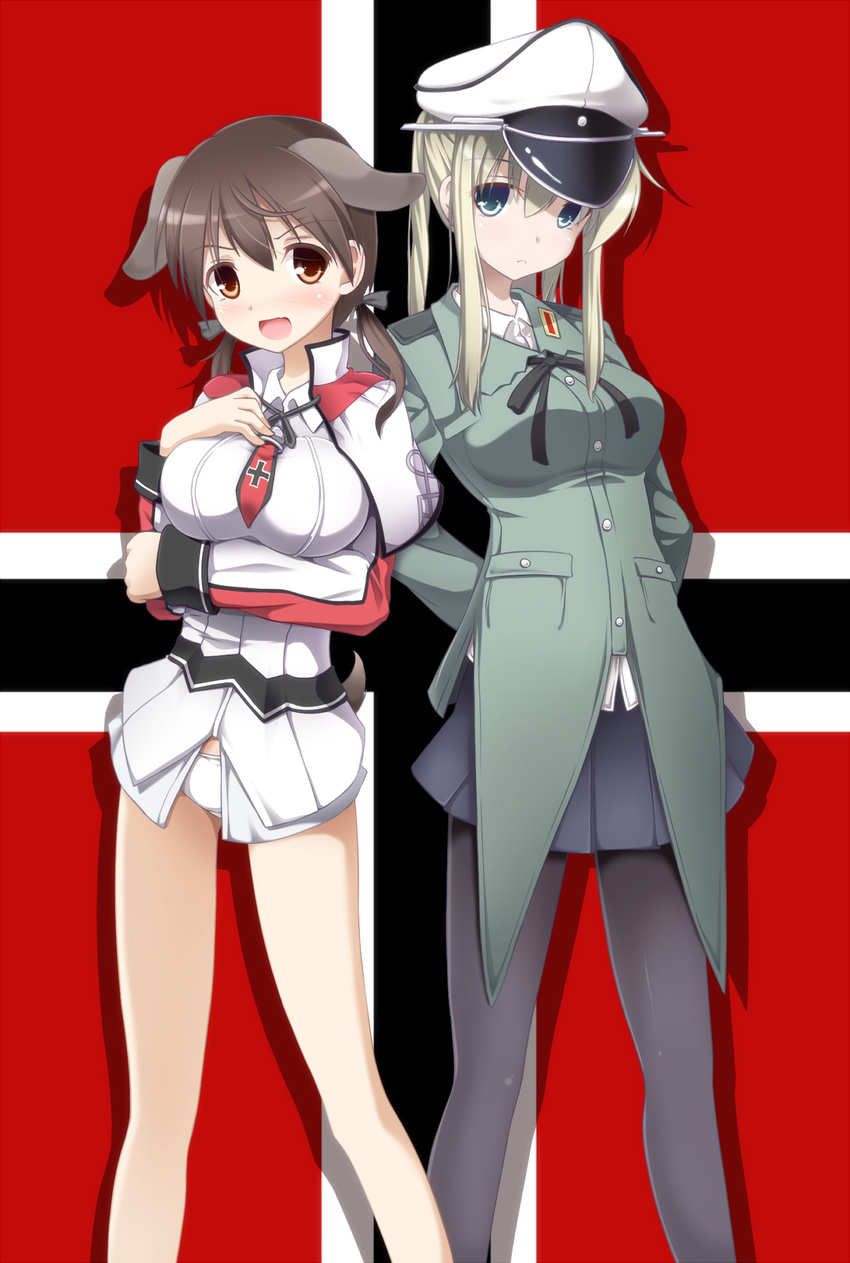 arms_behind_back blonde_hair blue_eyes blush breast_hold breasts brown_eyes brown_hair cosplay costume_switch country_connection creator_connection crossover dog_tail evandragon gertrud_barkhorn gertrud_barkhorn_(cosplay) graf_zeppelin_(kantai_collection) graf_zeppelin_(kantai_collection)_(cosplay) hair_ribbon hat highres kantai_collection large_breasts legs looking_at_viewer military military_uniform miniskirt multiple_girls open_mouth panties pantyhose ribbon skirt smile strike_witches tail twintails underwear uniform white_panties world_witches_series