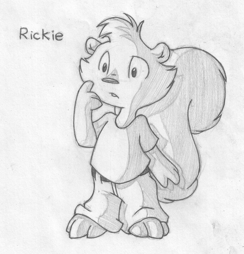 anthro barefoot belt buckteeth cel_shading clothing cub english_text front_view greyscale jeans male mammal mizzyam monochrome nude pants pencil_(artwork) rickie_squirrel rodent shirt solo squirrel standing teeth text traditional_media_(artwork) wondering young