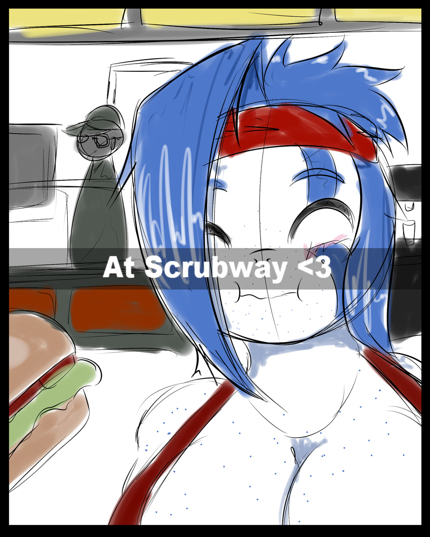 &lt;3 anthro bandanna blue_hair blush breasts cleavage clothed clothing eyes_closed eyewear glasses hair hat human jet_(quin_nsfw) mammal nintendo pok&eacute;mon quin-nsfw sandwich snapchat subway video_games