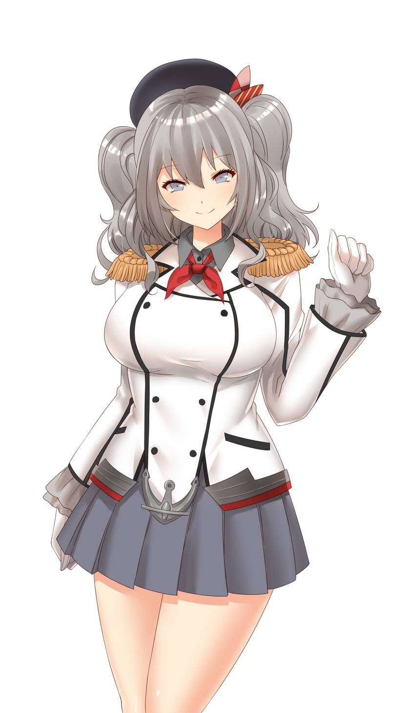 breasts epaulettes gloves grey_eyes grey_hair hat highres kantai_collection kashima_(kantai_collection) large_breasts long_sleeves looking_at_viewer military military_uniform pleated_skirt shirt silver_hair skirt smile solo thighs twintails uniform white_gloves x&amp;x&amp;x