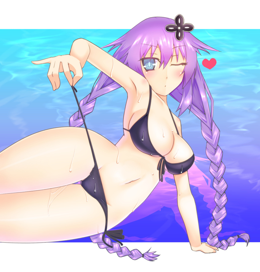 bikini blue_eyes blush braid breasts dura hair_ornament heart long_hair looking_at_viewer neptune_(choujigen_game_neptune) neptune_(series) one_eye_closed panties purple_hair purple_heart side-tie_bikini side-tie_panties solo swimsuit symbol-shaped_pupils twin_braids underwear very_long_hair