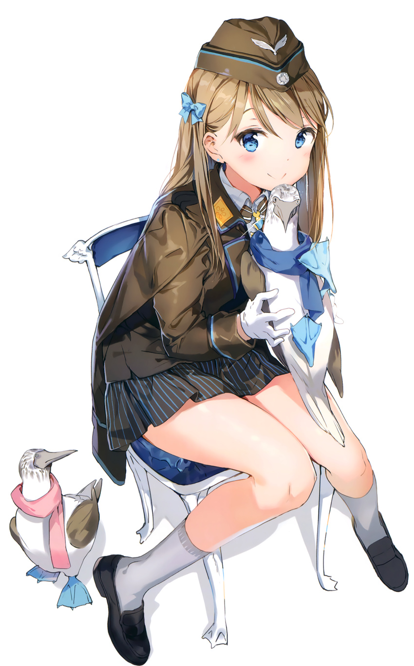 absurdres animal anmi armlet beret bird blue-footed_booby bow chair emblem full_body garrison_cap glint hair_bow hat highres kneehighs loafers military military_jacket military_uniform pinstripe_pattern sailor_collar scarf school_uniform serafuku shoes simple_background sitting skirt socks solo striped uniform white_background white_legwear