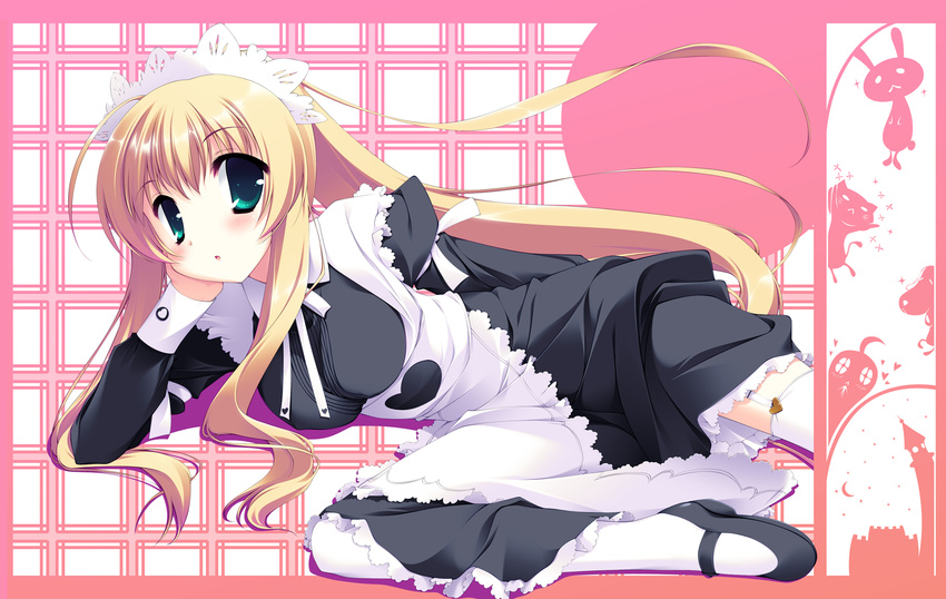 apron artist_request blonde_hair blush character_request copyright_request garters green_eyes highres long_hair lying maid mary_janes shoes solo thighhighs very_long_hair