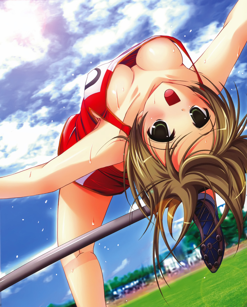 :d absurdres arched_back blush breasts brown_hair cleavage cloud copyright_request covered_nipples day downblouse dutch_angle grass green_eyes high_jump highres horizontal_bar jumping kneepits lens_flare looking_at_viewer medium_breasts misakura_nankotsu no_bra open_mouth outdoors outstretched_arms photo_background scan shoes short_hair short_shorts shorts sideboob sky smile sneakers solo spread_arms sun sweat tank_top track_and_field uniform upside-down