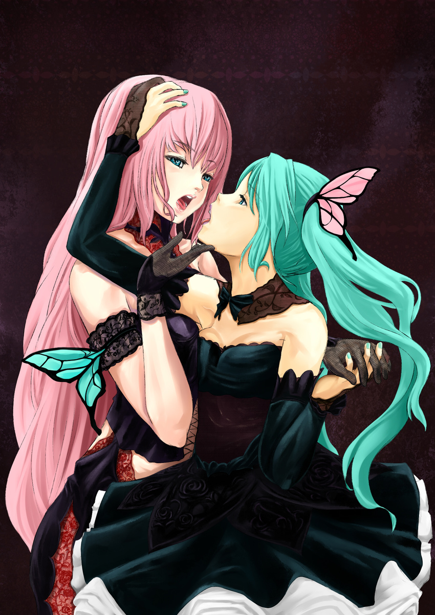 aqua_nails bug butterfly butterfly_hair_ornament couple dress face-to-face hair_ornament hamu_no_jin hatsune_miku highres insect long_hair magnet_(vocaloid) megurine_luka multiple_girls nail_polish very_long_hair vocaloid yuri