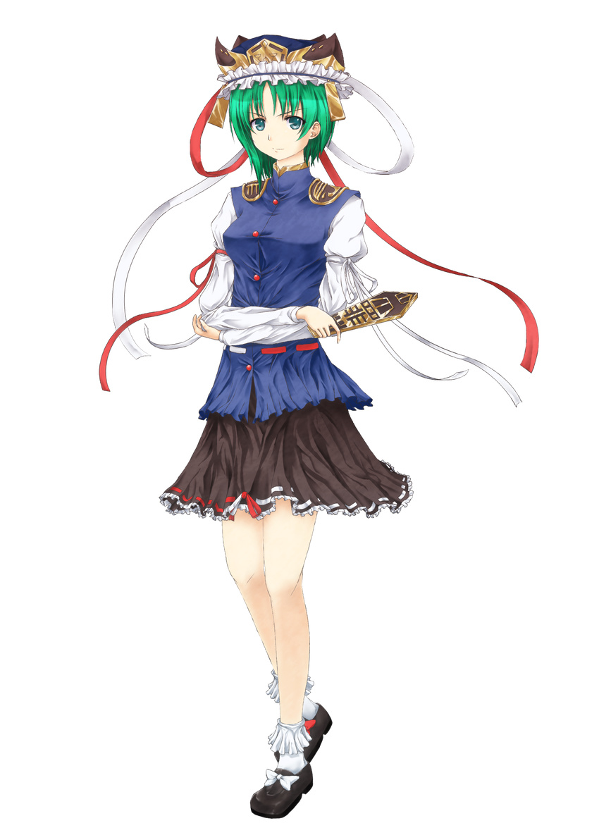 crossed_arms full_body green_eyes green_hair hat highres reg_(artist) ribbon rod_of_remorse shiki_eiki short_hair smile solo touhou transparent_background