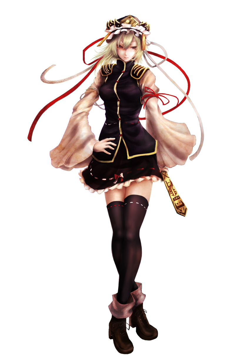 alternate_hair_color blonde_hair boots bow full_body hand_on_hip hat highres koukyou legs red_eyes rod_of_remorse shiki_eiki solo thighhighs touhou transparent_background wide_sleeves zettai_ryouiki