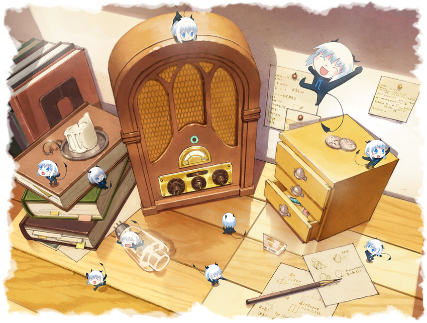 blue_eyes book candle chibi coin copyright_request demon_girl desk horns multiple_girls paper pencil radio rh tail white_hair wooden_pencil
