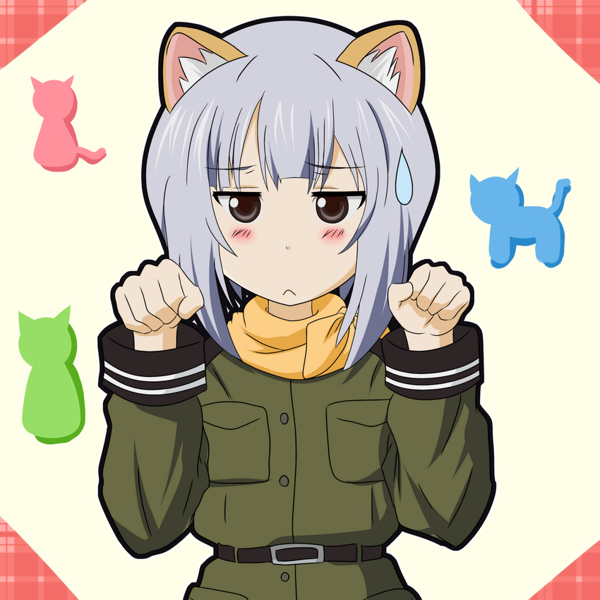 :&lt; animal_ears blush cat_ears highres kannagi_noel military military_uniform paw_pose solo sora_no_woto sweatdrop takumi_(rozen_garten) uniform