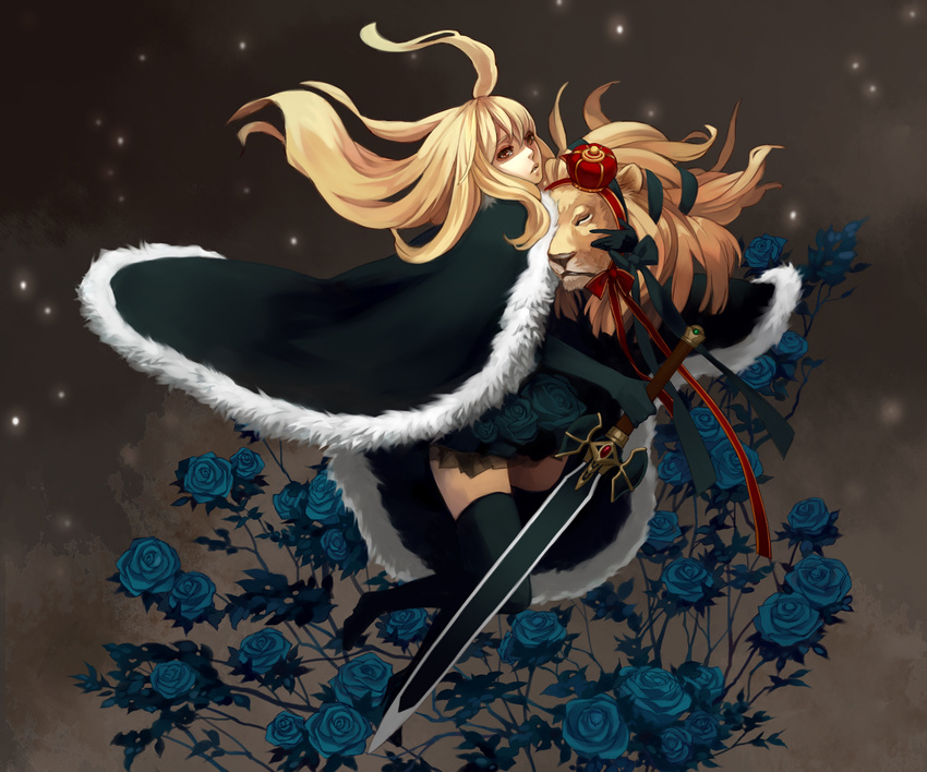 black_legwear blonde_hair blue_flower blue_rose bonjour crown fire_emblem fire_emblem:_seisen_no_keifu flower lachesis_(fire_emblem) lion long_hair mystletainn red_eyes ribbon robe rose royal solo sword thighhighs weapon