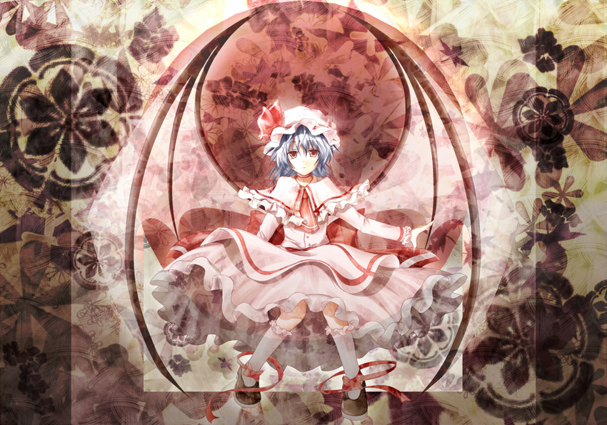 bat_wings blue_hair hat red_eyes remilia_scarlet shirayuki_mutsumi short_hair solo touhou wings