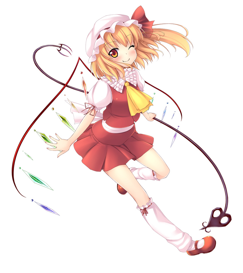 absurdres blonde_hair fang flandre_scarlet full_body hat highres laevatein nullken one_eye_closed red_eyes short_hair side_ponytail solo touhou transparent_background wings