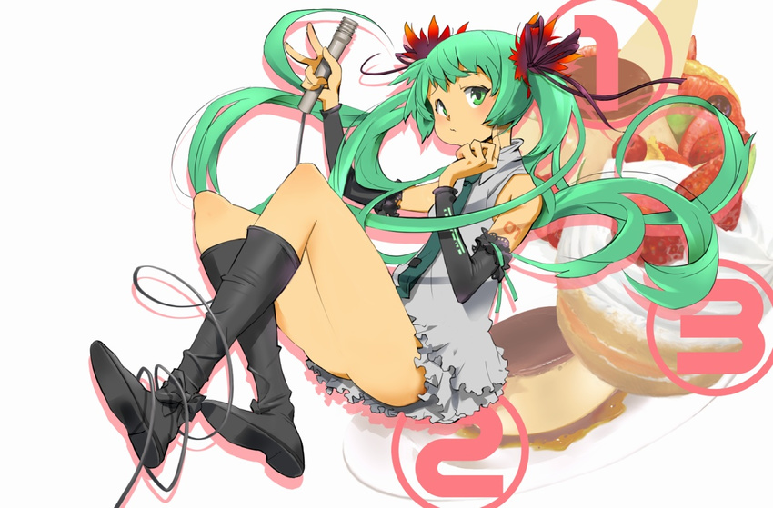 arm_warmers boots cake flower food green_eyes green_hair hair_flower hair_ornament hatsune_miku legs long_hair microphone nansui_kinoko pastry solo twintails very_long_hair vocaloid world_is_mine_(vocaloid)