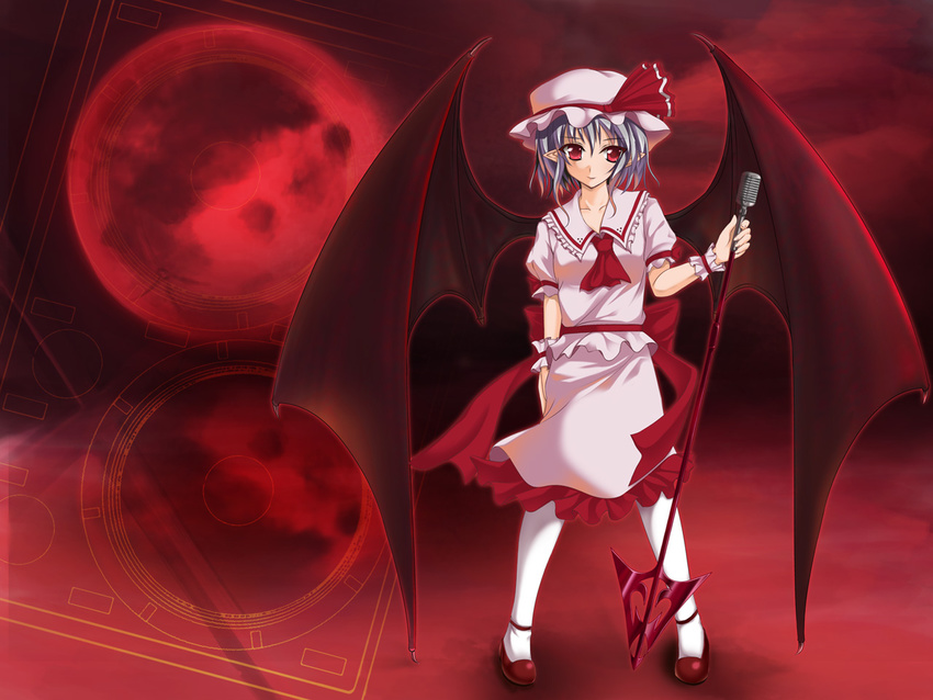 bat_wings blue_hair full_moon hat microphone microphone_stand moon pantyhose pigeon-toed pointy_ears red_eyes red_moon remilia_scarlet saxasa_kisuk short_hair solo spear_the_gungnir touhou wings