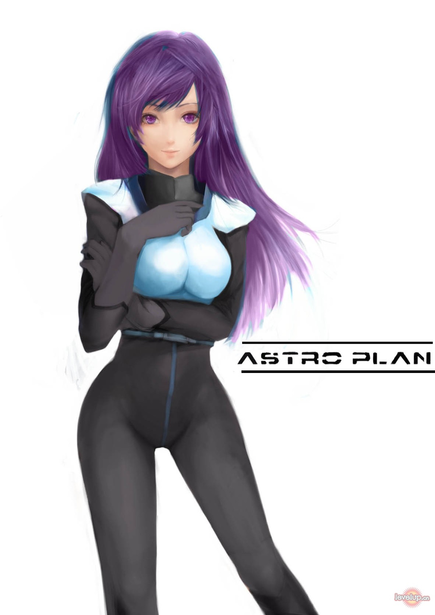 artist_request astro_plan bodysuit fingernails gloves highres long_hair pilot_suit purple_eyes purple_hair smile solo source_request watermark zijing