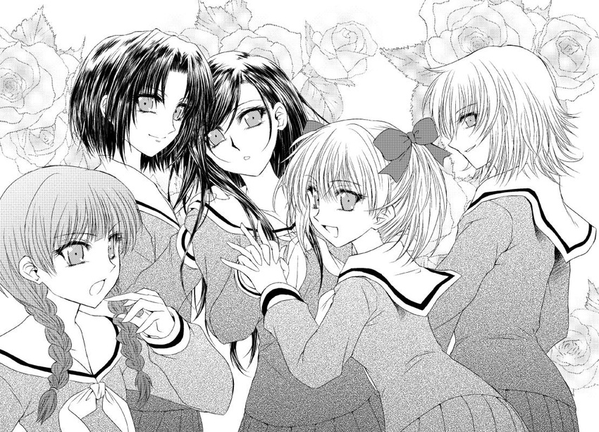 :d :o bangs braid floral_background flower fukuzawa_yumi greyscale hair_ribbon holding_hands interlocked_fingers kagehi_no_loo long_hair looking_at_viewer maria-sama_ga_miteru mizuno_youko monochrome multiple_girls official_style ogasawara_sachiko open_mouth parted_bangs parted_lips profile ribbon rose satou_sei school_uniform serafuku shimazu_yoshino short_hair sideways_glance smile twin_braids twintails