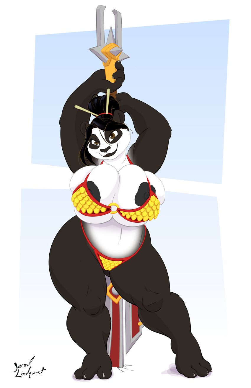 2016 anthro armor barbarian bear big_breasts bikini black_eyes black_fur black_hair breasts claws clothed clothing digital_media_(artwork) eyebrows female fur hair huge_breasts ikusame jklind looking_at_viewer mammal melee_weapon navel nipple_slip nipples obese overweight panda pandaren polearm simple_background skimpy solo spreading swimsuit thick_thighs video_games warcraft weapon white_sclera wide_hips