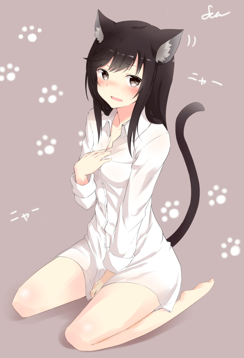 :o animal_ears barefoot black_eyes black_hair blush brown_background cat_ears cat_tail collarbone covering covering_crotch dress_shirt full_body fuu_(fuore) hand_on_own_chest highres ichijou_hotaru long_hair long_sleeves looking_at_viewer naked_shirt non_non_biyori open_mouth paw_pose seiza shirt simple_background sitting soles solo tail wariza wavy_mouth white_shirt