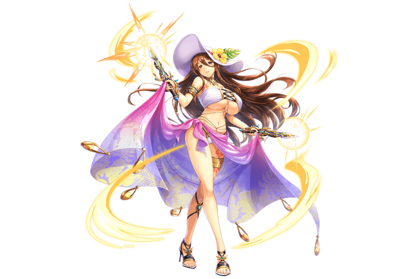 1girl argos_(kami_project) armband armpits breasts brown_eyes brown_hair dual_wielding flower hair_between_eyes hat hat_flower high_heels holding holding_knife holding_weapon huge_breasts kami_project knife leg_tattoo legband long_hair looking_at_viewer navel official_art ornate_weapon sandals sarong sarong_lift sun_hat tattoo underboob weapon