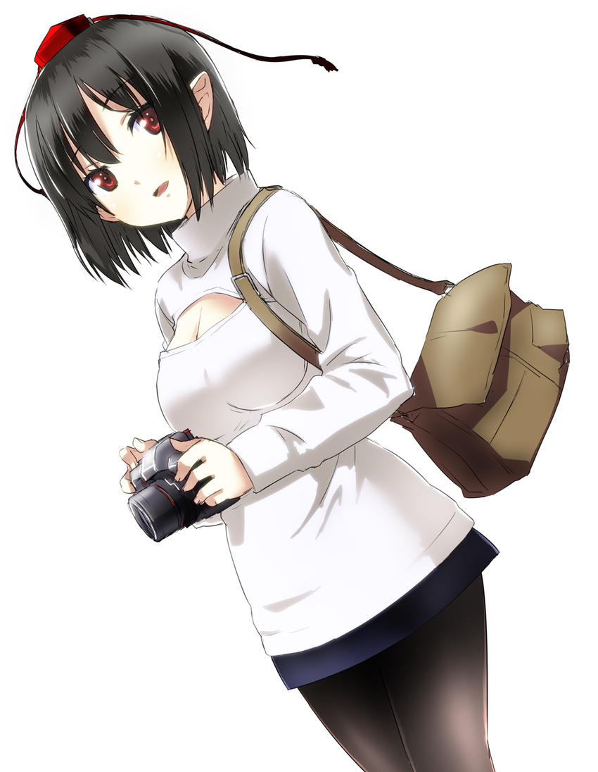 alternate_costume bag black_hair black_legwear breasts camera cl_(h-sys.) dress hat hat_ribbon highres long_sleeves looking_at_viewer medium_breasts meme_attire open-chest_sweater open_mouth pantyhose pointy_hair red_eyes ribbon shameimaru_aya short_dress short_hair shoulder_bag smile solo sweater sweater_dress tokin_hat touhou turtleneck