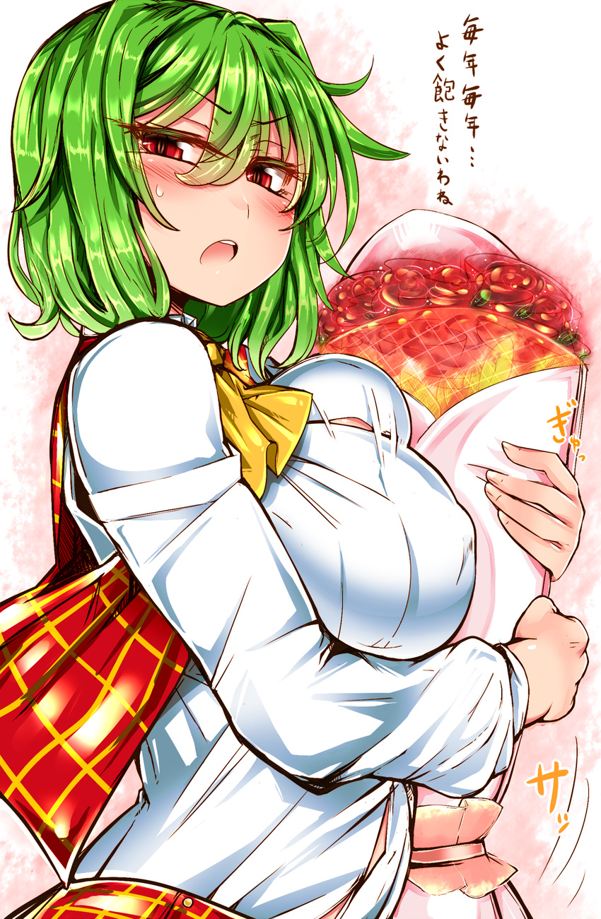 blush bouquet breasts commentary flower green_hair highres kazami_yuuka large_breasts looking_at_viewer open_clothes open_mouth open_vest red_eyes red_flower red_rose roki_(hirokix) rose shirt skirt skirt_set slit_pupils solo touhou translated upper_body vest