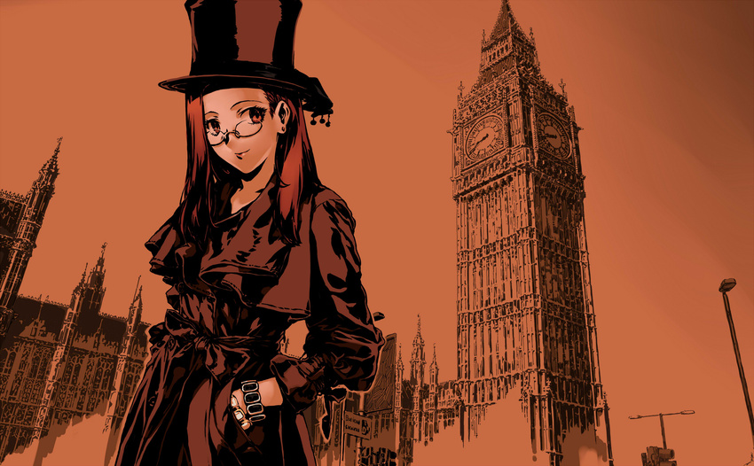 aozaki_touko bracelet coat collarbone elizabeth_tower glasses hands_in_pockets hat highres jewelry jian_huang kara_no_kyoukai long_hair looking_to_the_side monochrome solo top_hat westminster_palace