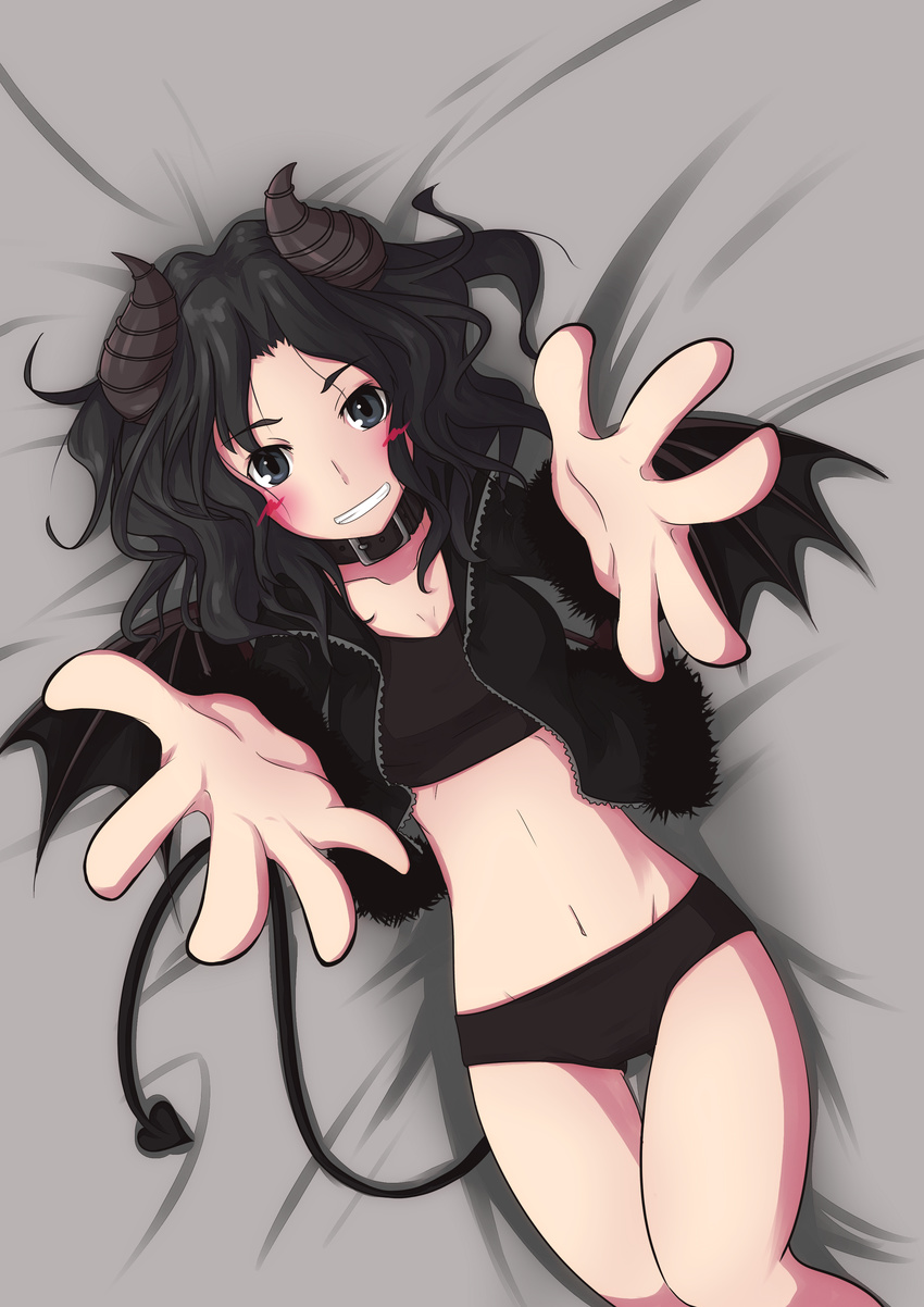 absurdres amagami black_hair blush choker collar crop_top cropped_jacket curled_horns demon_horns demon_tail demon_wings foreshortening from_above fur_trim grey_eyes grin guriko_(mossari) highres hips horns imminent_hug jacket long_hair messy_hair midriff navel on_bed open_clothes open_jacket outstretched_arms short_shorts shorts smile solo tail tanamachi_kaoru thighs wings zipper