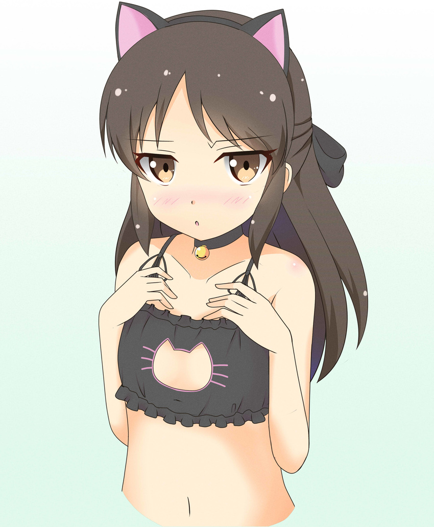 absurdres animal_ears bell black_hair blush bra breasts brown_eyes cat_cutout cat_ears cat_lingerie cleavage_cutout highres idolmaster idolmaster_cinderella_girls jingle_bell kochiya_hizuki long_hair looking_at_viewer meme_attire navel small_breasts solo tachibana_arisu underwear underwear_only