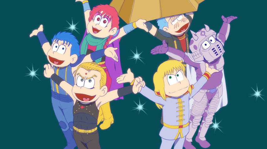 5boys armor arms_up belt blonde_hair blue_hair braid cape hanamaru_pippi_wa_yoiko_dake helmet hokuto_no_ken lifting lipstick long_hair maboroshi_dandy makeup multiple_boys open_mouth osomatsu-kun osomatsu-san parody purple_eyes pyramid red_cross red_eyes red_hair rei_(hokuto_no_ken) scar scarf shin_(hokuto_no_ken) short_hair shoulder_pads shuu_(hokuto_no_ken) silver_hair smile souther star style_parody tenshou_juuji_hou yuda_(hokuto_no_ken)