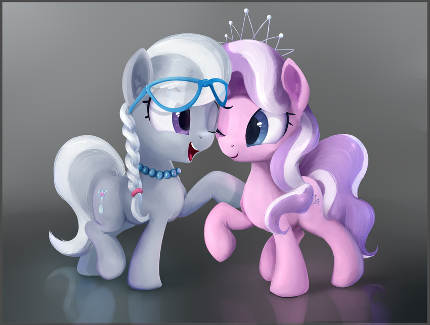 2015 abstract_background blue_eyes crown cutie_mark diamond_tiara_(mlp) duo earth_pony equine eyewear female friendship_is_magic fur glasses grey_fur hair hi_res horse jewelry mammal multicolored_hair my_little_pony necklace open_mouth pink_fur pony purple_eyes reflection scootiebloom silver_spoon_(mlp) smile two_tone_hair young