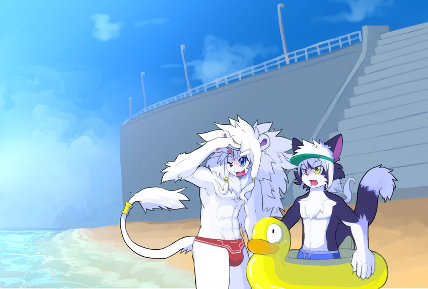 abs anthro athletic beach brothers bulge cat clothed clothing duo feline inner_tube kay_(whiteleo) landscape leo_(whiteleo) lion looking_away male mammal mane one_eye_closed open_mouth pool_toy seaside sibling smile speedo swimming_trunks swimsuit topless whiteleo