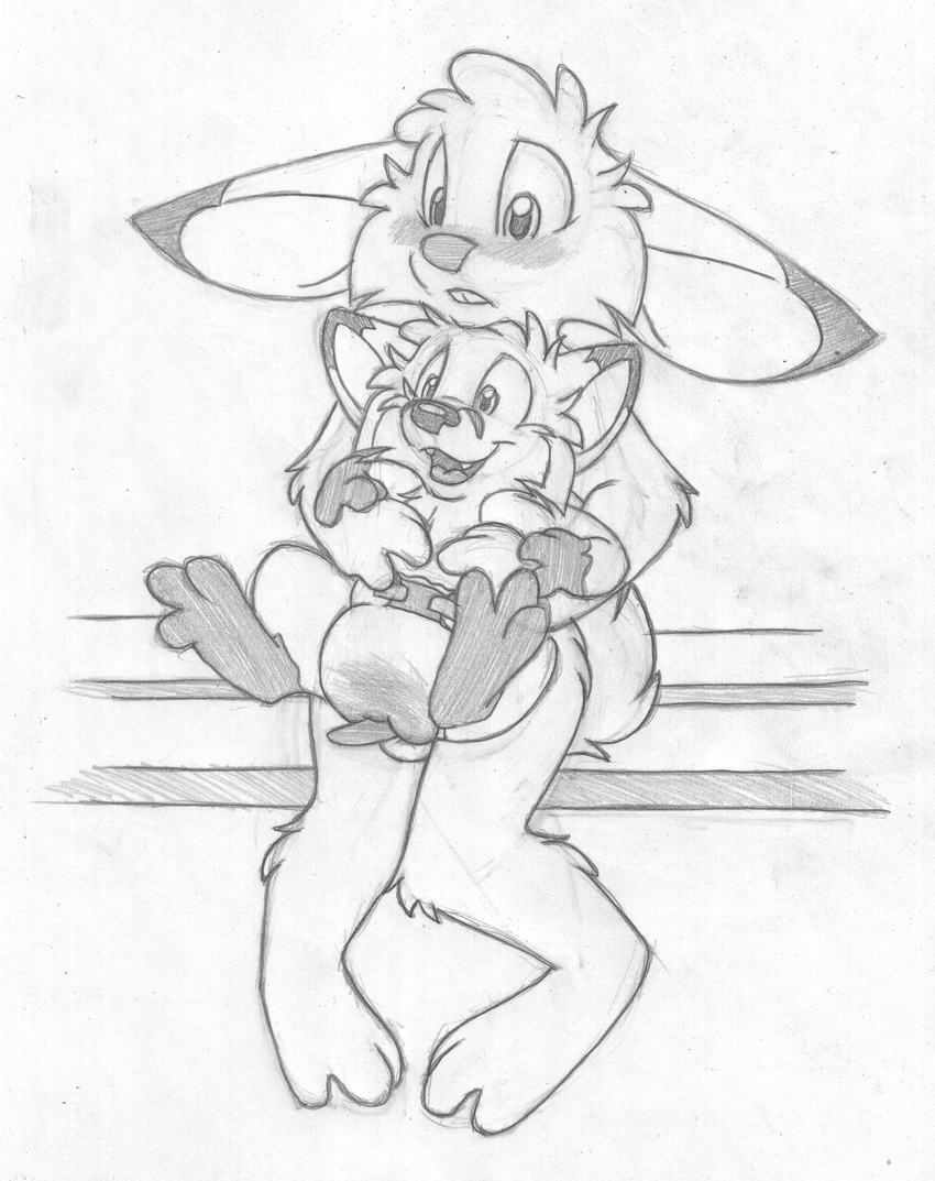 anthro baby balls barefoot blush buckteeth canine cub cute_fangs diaper digitigrade duo embarrassed erection fox front_view greyscale grinding jake_cottontail lagomorph looking_down male mammal messy_diaper mizzyam monochrome nude on_lap open_mouth pencil_(artwork) penis rabbit sitting size_difference smile tapering_penis teeth traditional_media_(artwork) young