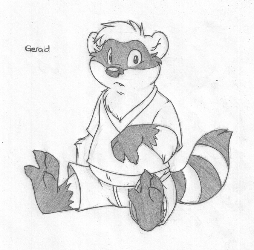 barefoot buttonverse clothing cub cute_fangs english_text front_view gerald_raccoon greyscale looking_at_viewer male mammal midriff mizzyam monochrome pencil_(artwork) raccoon shirt shorts sitting slightly_chubby solo spread_legs spreading text traditional_media_(artwork) young