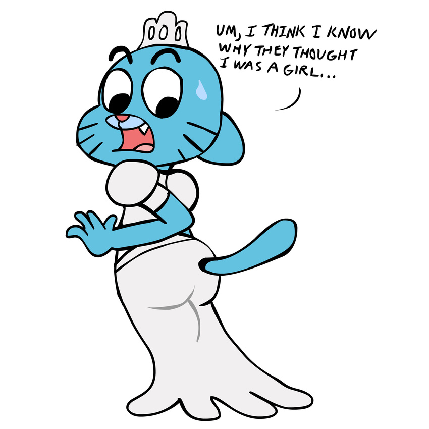 absurd_res anthro blue_fur butt cat clothing crossdressing crown dress english_text feline fur gumball_watterson hi_res looking_back mammal scobionicle99 text the_amazing_world_of_gumball tiara young