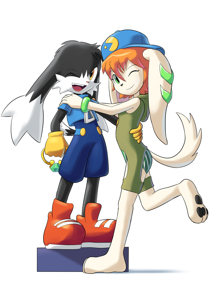 2016 alpha_channel anthro black_fur boots canine cat clothed clothing cream_fur dog duo feline female footwear freedom_planet fur gloves goshaag green_eyes hair hat height_different klonoa klonoa_(series) looking_at_viewer male mammal milla_basset one_eye_closed open_mouth orange_hair simple_background smile transparent_background video_games white_fur wink yellow_eyes