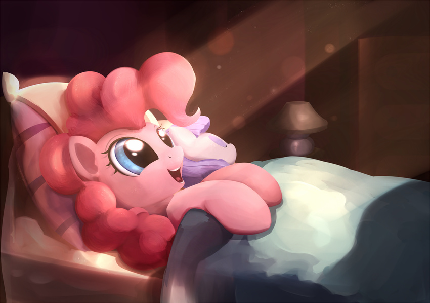 2015 bed blanket blue_eyes doll equine female feral friendship_is_magic fur hair hi_res horse inside lamp lying mammal my_little_pony on_back open_mouth pillow pink_fur pink_hair pinkie_pie_(mlp) pony scootiebloom smile solo