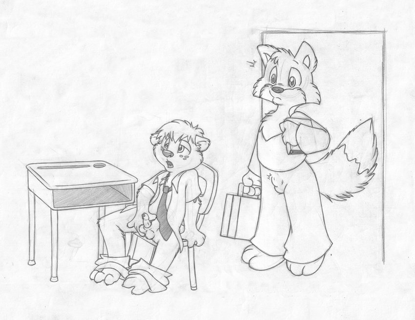 age_difference animal_genitalia anthro ball_fondling balls barefoot bear book briefcase bulge canine caught chair classroom clothed clothing cub desk door duo erection fondling fox greyscale half-closed_eyes holding_book holding_object humanoid_penis looking_pleasured male mammal mizzyam monochrome necktie open_mouth open_shirt pants_down partially_clothed pencil_(artwork) penis reclining school school_uniform sheath shirt sitting small_penis student surprise teacher teacher_and_student tenting traditional_media_(artwork) uniform voyeur walk-in young