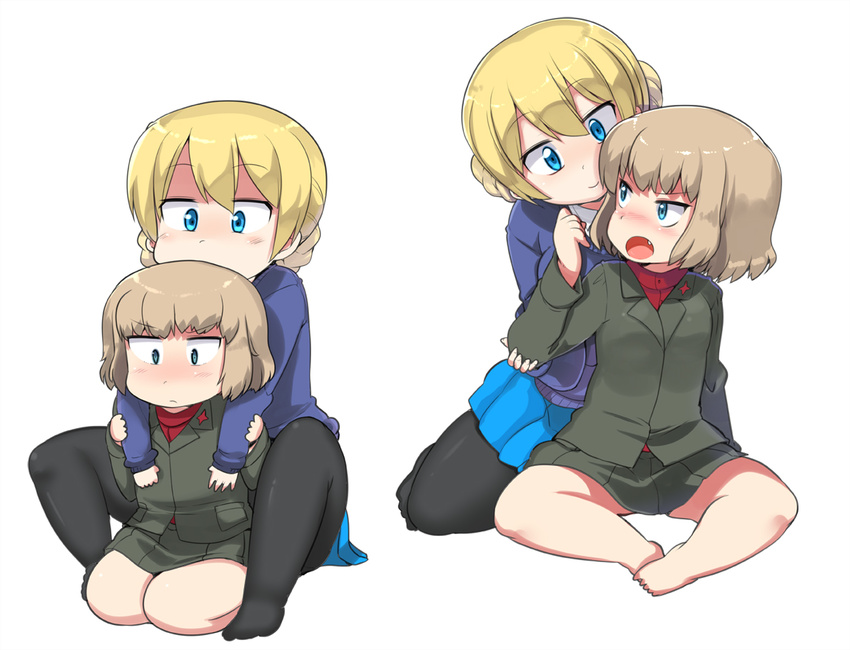 barefoot black_legwear blonde_hair blue_eyes blue_skirt blue_sweater blush commentary_request darjeeling fang girls_und_panzer indian_style katyusha light_brown_hair long_sleeves mamo_williams miniskirt multiple_girls open_mouth pantyhose pleated_skirt pravda_school_uniform shirt sitting skirt skirt_set smile st._gloriana's_school_uniform sweater