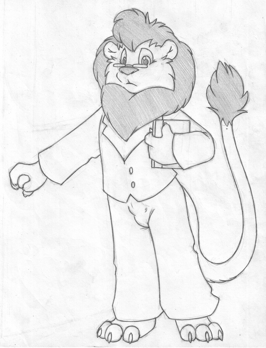 anthro barefoot book bulge clothing eyewear feline front_view glasses greyscale holding_book holding_object lion looking_at_viewer male mammal mane mizzyam monochrome nameless_character pants pencil_(artwork) shirt solo standing traditional_media_(artwork)