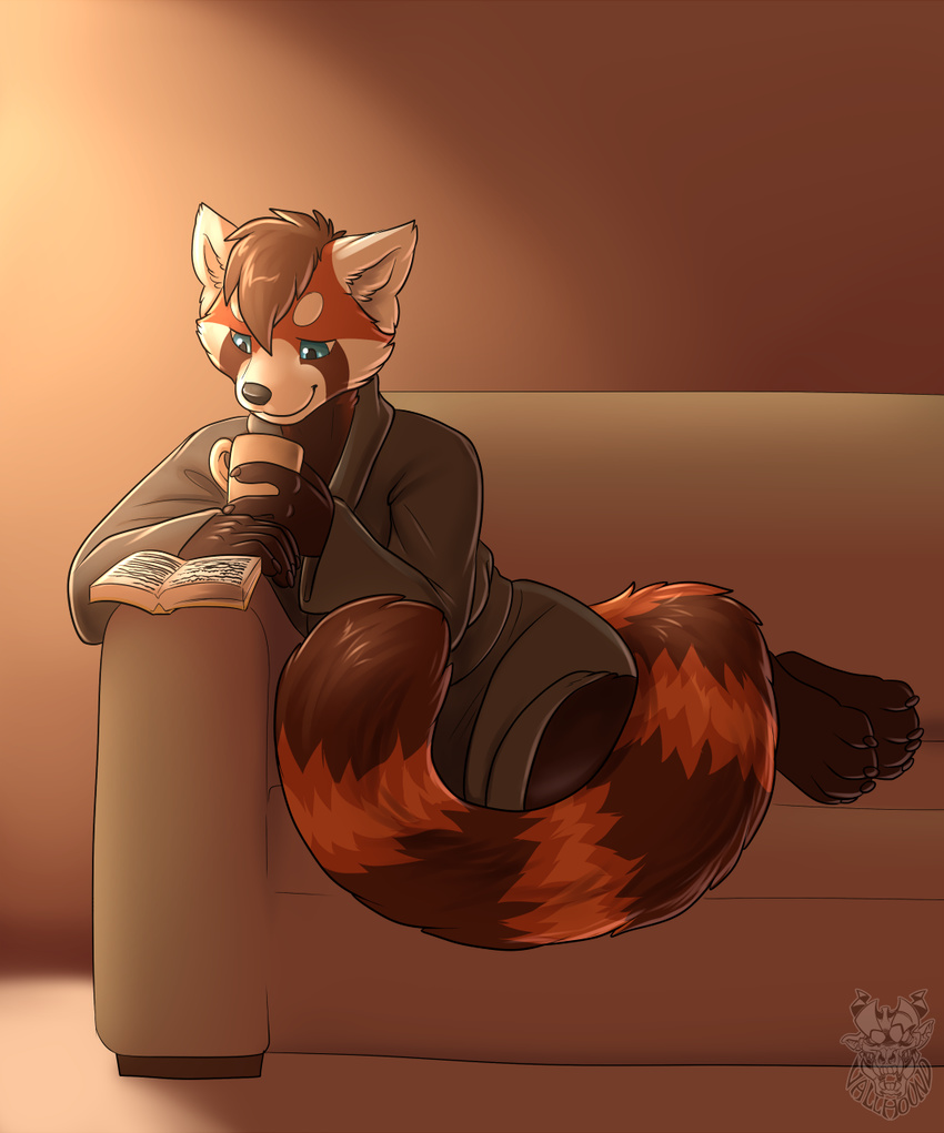 4_toes anthro black_nose book brown_fur brown_hair brown_tail claws cup digital_media_(artwork) dipstick_tail fur hair inner_ear_fluff mammal multicolored_tail orange_fur orange_tail reading red_panda ringed_tail smile sofa toe_claws toes vallhund watermark