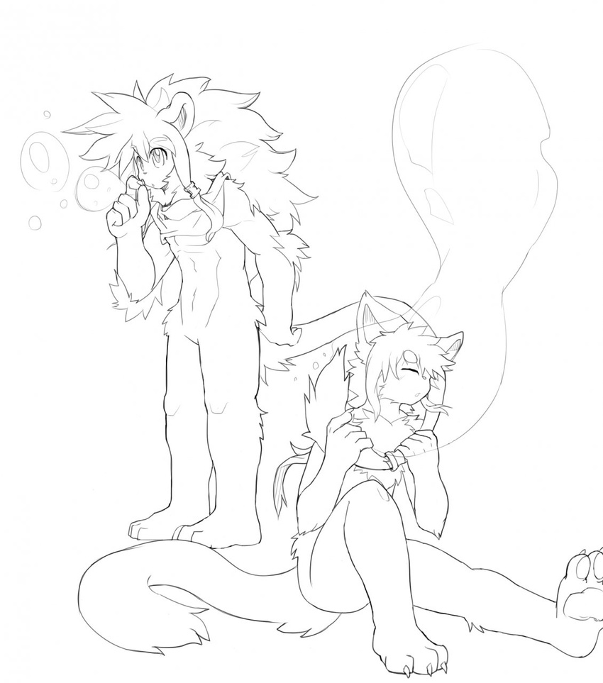 anthro black_and_white blowing_bubbles brothers bubble cat eyes_closed featureless_crotch feline kay_(whiteleo) leo_(whiteleo) line_art lion male mammal mane monochrome mostly_nude nude pawpads plantigrade scarf sibling sitting standing tail_grab whiteleo young