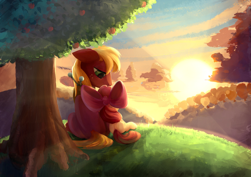 2015 apple apple_bloom_(mlp) big_macintosh_(mlp) blonde_hair bow cloud duo earth_pony equine female feral food friendship_is_magic fruit fur grass green_eyes hair hi_res horse landscape male mammal my_little_pony nature outside pony red_fur scootiebloom sky sun tree yellow_fur