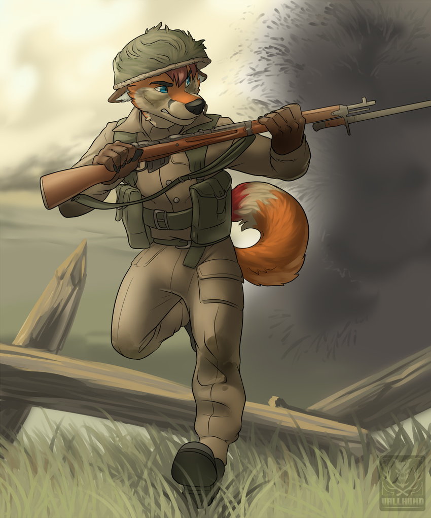 black_nose boots brown_fur brown_hair canine clothed clothing cloud combat_helmet dipstick_tail fence footwear fox fur grass gun hair helmet looking_back male mammal multicolored_fur multicolored_tail orange_fur orange_tail outside ranged_weapon red_fur red_tail rifle sky solo two_tone_fur vallhund war weapon white_fur white_tail