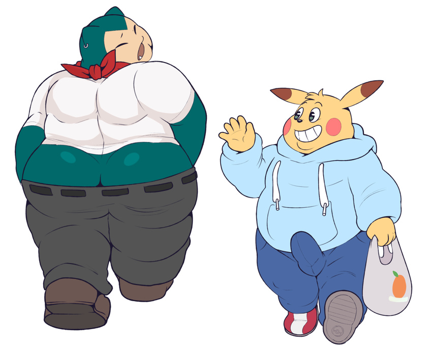 anthro anthrofied bag butt clothing ero_(character) eroborus front_view hoodie looking_back male male/male mammal nintendo ogling overweight pants penis_outline pikachu pok&eacute;mon rear_view rodent smile snorlax stare tenting video_games walking wardrobe_malfunction