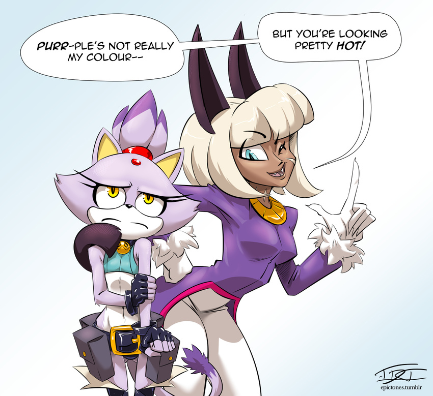 animal_humanoid anthro blaze_the_cat breasts cat cat_humanoid clothes_swap clothing collar crossover dark_skin dialogue duo english_text epictones feline female fingerless_gloves frown fur gloves hair humanoid humor mammal nadia_fortune one_eye_closed open_mouth pouch pun purple_fur scar simple_background skullgirls smile sonic_(series) speech_bubble text white_hair yellow_eyes
