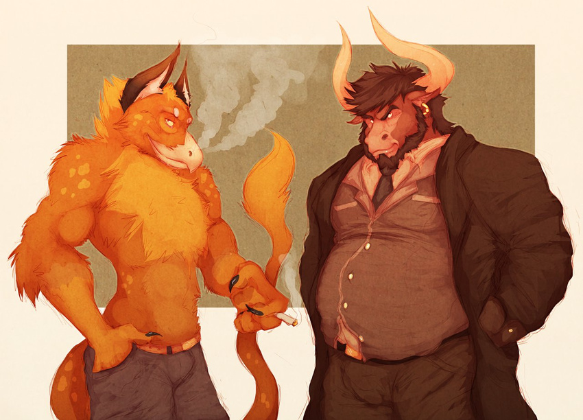 anthro avian beard biceps bovine cattle cigarette claws clothed clothing coat ear_piercing facial_hair gryphon horn looking_at_viewer male mammal muscular necktie overweight piercing smoke smoke_through_nose smoking topless vetrowolf