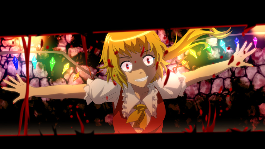 anime_coloring ascot bangs blonde_hair blood crazy_grin crazy_smile flandre_scarlet frilled_shirt_collar frills head_tilt light_trail looking_at_viewer nail_polish narrowed_eyes outstretched_arms pov red_eyes red_nails red_vest shiny shiny_hair shirt short_hair side_ponytail solo stone_wall teeth tomon_(slash0410) torch touhou upper_body vest wall white_shirt wings